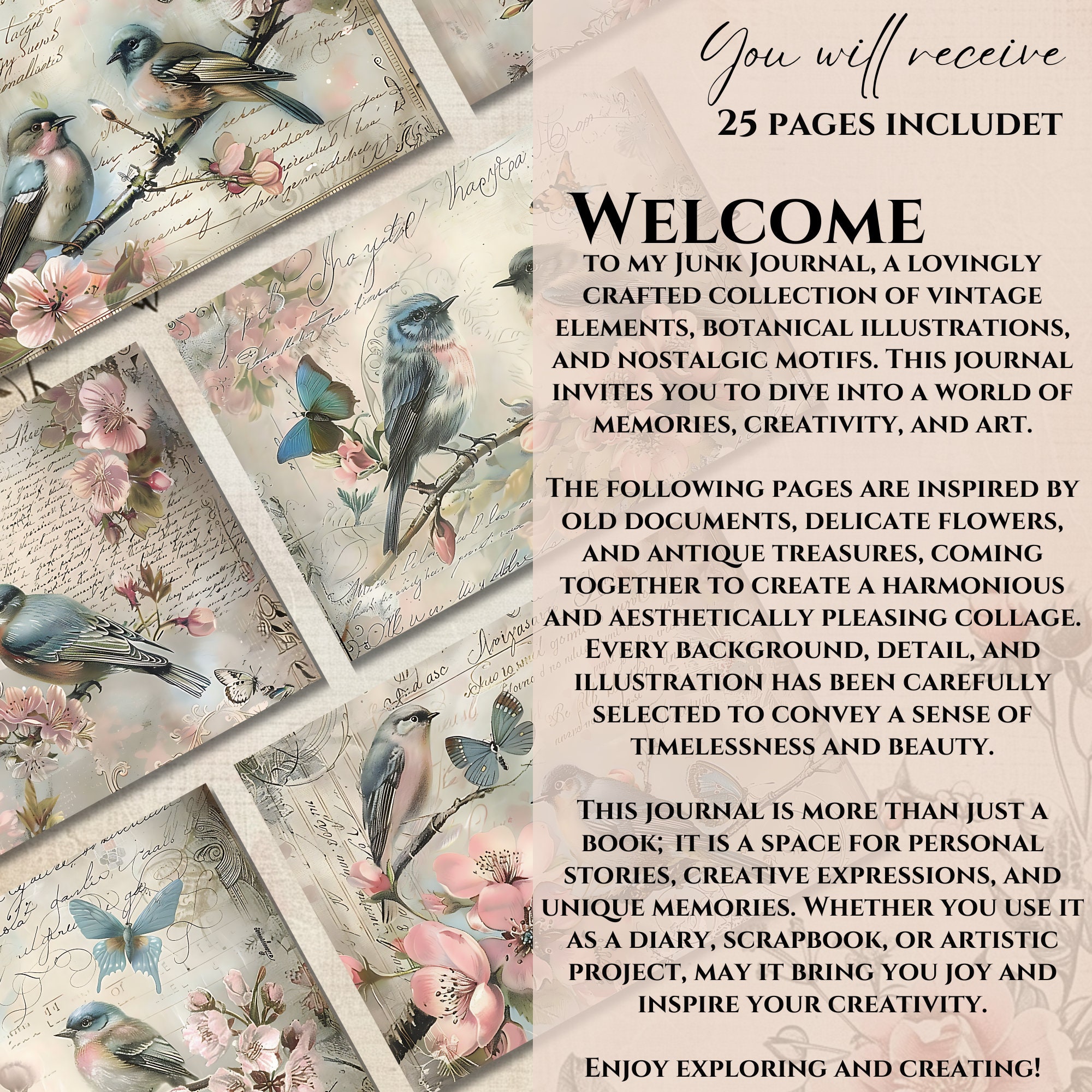 Vintage Birds Printable Watercolor Wildflower Junk Journal Pages Flower ...