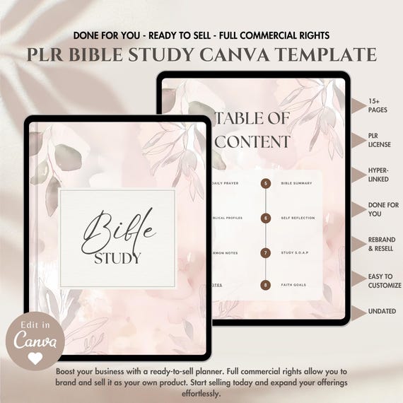 Bibelarbeit Planer Vorlage Canva PLR Bearbeitbar Druckbar PLR Produkte Ziele Glaube. Predigt Notizen. S.O.A.P Methode