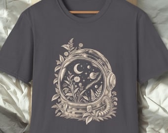 Astronaut Comfort Botanical T-Shirt, Space Helmet Unisex Rustic Graphic Tee, Astrology Gift for Dreamers
