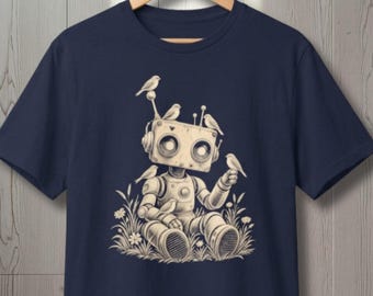 Robot Botanical Nature Shirt, Vintage Tech Graphic Tee, Cozy Nerdy Top for Creative Friend, Present for Kind People