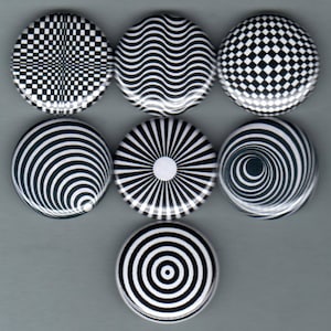 OP ART 7 one inch pinback/badges/buttons   trippy mod psychedelic patterns far out