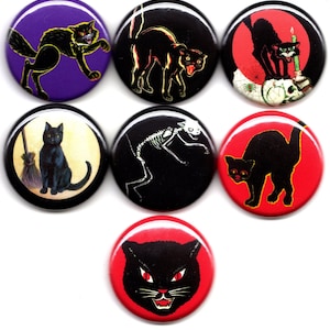 Black Cats 7 pins/badges/buttons  Lucky 9 lives mojo cute and creepy kittys