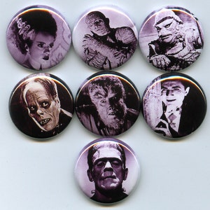 Monsters 7 pinback de una pulgada / insignias / botones Criaturas famosas cuentan con películas de terror clásicas