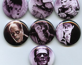 Monsters 7 one inch pinback/badges/buttons  Famous creature feature classic horror movies