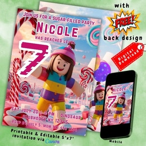 Kids Roblox invitation Birthday Girl, Roblox Birthday Invitation, Gamer Party Invite, Roblox Girl, Birthday Invitation, Roblox Themed Invite