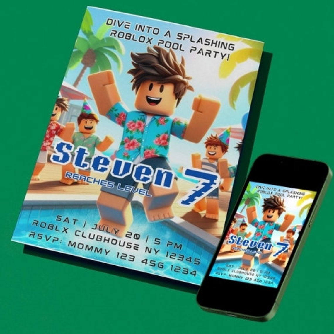 Roblox Pool Party Birthday Invitation Gamer Party Invite Roblox Boy Il Qsyw 