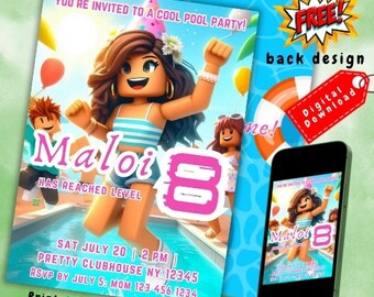 Roblox Pool Party Birthday Invitation, Roblox Themed Invite, Kids Roblox,Roblox Girl Birthday, Gamer Party Invite, Pool Party Invitation
