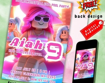Roblox Pool Party Birthday Invitation, Roblox Themed Invite, Kids Roblox,Roblox Girl Birthday, Gamer Party Invite, Pool Party Invitation