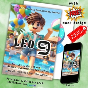 Może przedstawiać: Kolorowe zaproszenie na imprezę przy basenie Roblox, z postacią z kreskówki o imieniu Leo. Zaproszenie zawiera tekst "Leo Reaches Level 9" oraz szczegóły wydarzenia. Smartfon wyświetla zaproszenie. Zaproszenie ma wymiary 12,7 cm x 17,8 cm.
