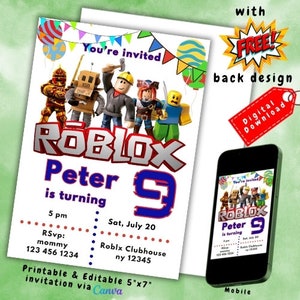 May include: A white invitation card with the text "You're invited" and "ROBLOX Peter is turning 9". The card features cartoon characters and balloons. A smartphone displays the invitation. Includes the text "Printable & Editable 5"x7" invitation via Canva".