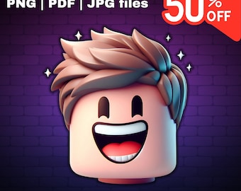 May include: A 3D cartoon Roblox avatar with brown hair and a big smile. The avatar is against a purple brick wall background. The text "HIGH Quality Roblox PNG | PDF | JPG files 50% OFF" is at the top of the image. The text "PNG 300 DPI Transparent 13x13 in" is at the bottom of the image.
