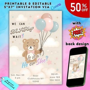 Editable Gender Revel Bear Baby Shower Invitation Pink Blue Boho Bear Shower Girl Boy We Can Bearly Wait Baby Shower Invite