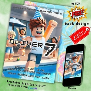 Może przedstawiać: Drukowane zaproszenie na imprezę w basenie Roblox. Zaproszenie przedstawia kreskówkową postać Roblox w niebiesko-białym kapeluszu imprezowym i białej koszulce bez rękawów. Tekst na zaproszeniu brzmi "Zanurz się w epickiej imprezie w basenie Roblox!" i "Oliver osiąga poziom 7". Zaproszenie zawiera również datę, godzinę i miejsce imprezy.