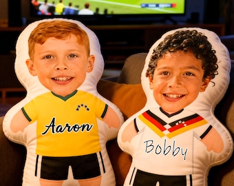 Almohada personalizada con cara de niño, almohada personalizada con camiseta de fútbol, peluche de jugador con cara, cojín de camiseta de fútbol, regalo de cumpleaños para nieto