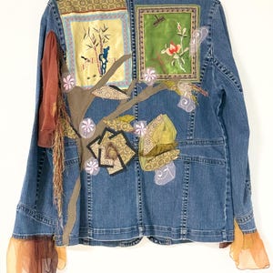 Denim Art Jacket- Upcycling Jeansjacke mit antiker Seidenstickerei - Asia Boho Style - Handmade Unikat - Größe M