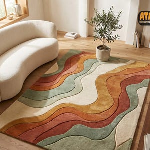 Hand Tufted Abstract Wave Rug, Organic Modern Wool Area Rug, Sage Green Terracotta Cream Rug, Mid Century Modern  Sculpted Rug, Living Room