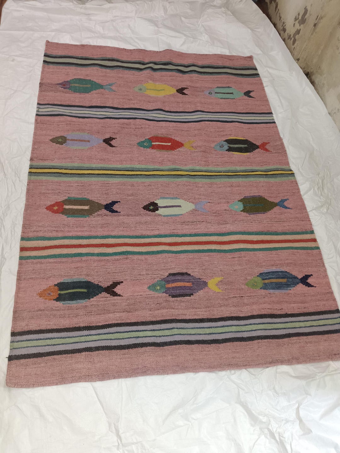 Kilim Fish Rug Handwoven Wool Kilim Rug With Colorful Fish Motif – Boho Area Rug ...