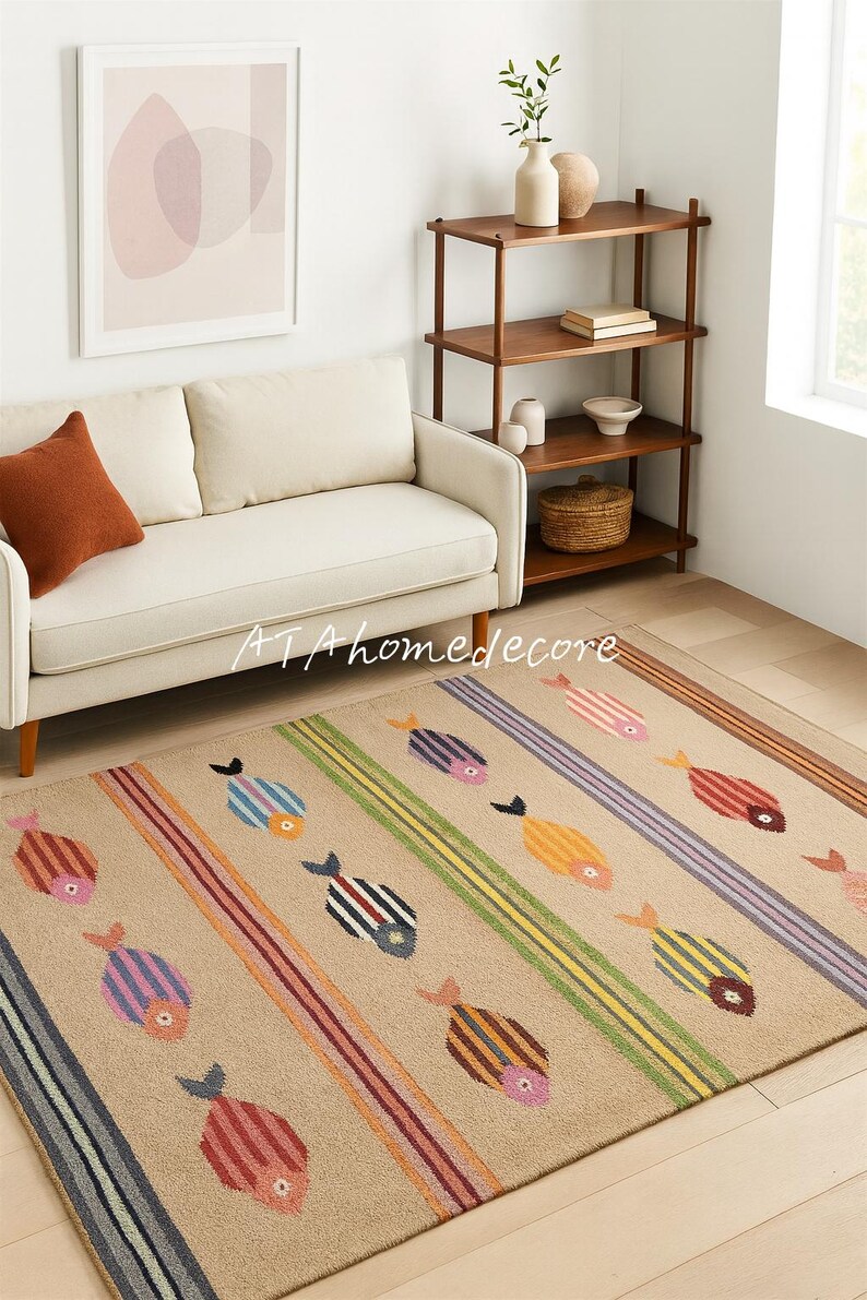 Kilim Fish Rug Handwoven Fish Stripe Rug –living Room Decor, Colorful Kilim Carpet ...