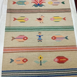 Colorful Folk Art Tapestry with Fish, Birds, and Floral Motifs