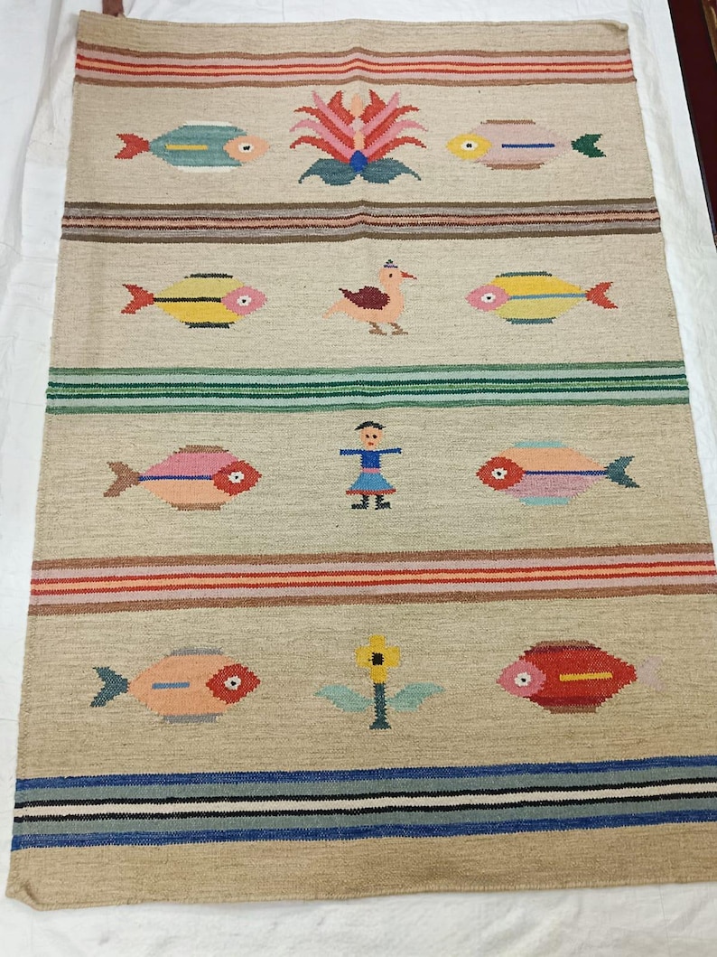 Kilim Fish Rug Colorful Folk Art Tapestry With Fish, Birds, and Floral Motifs , Durrie ...