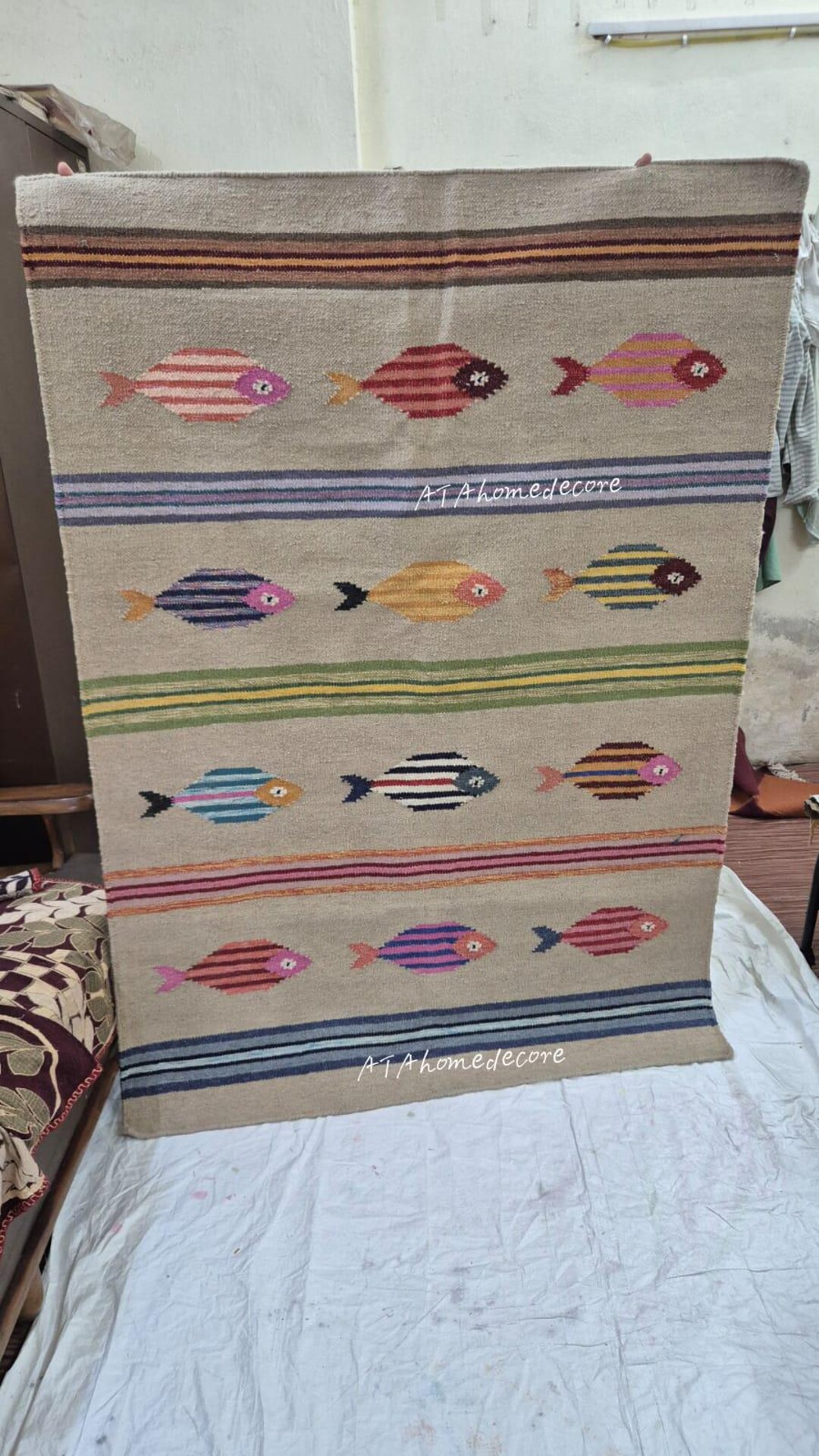 Kilim Fish Rug Handwoven Fish Stripe Rug –living Room Decor, Colorful Kilim Carpet ...