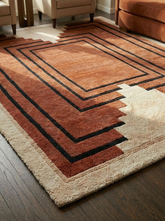 Hand Tufted Terracotta Geometric Area Rug, Modern Art Deco Wool Carpet, Rust Cream Bedroom Living Room Rug, Custom Handmade Luxury Floor Rug