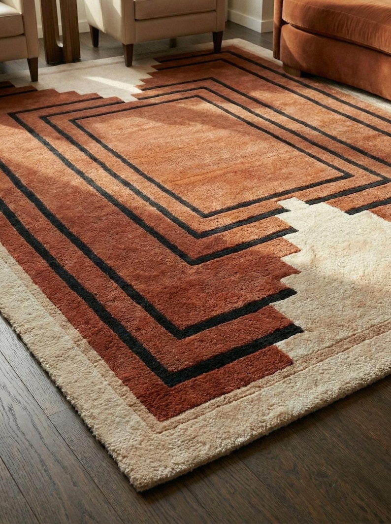 May include: A rectangular area rug with a geometric design. The rug features a central section in a warm, reddish-brown hue, framed by black lines. The outer edges transition to a lighter beige color, creating a layered effect. The rug is placed on a dark wood floor.