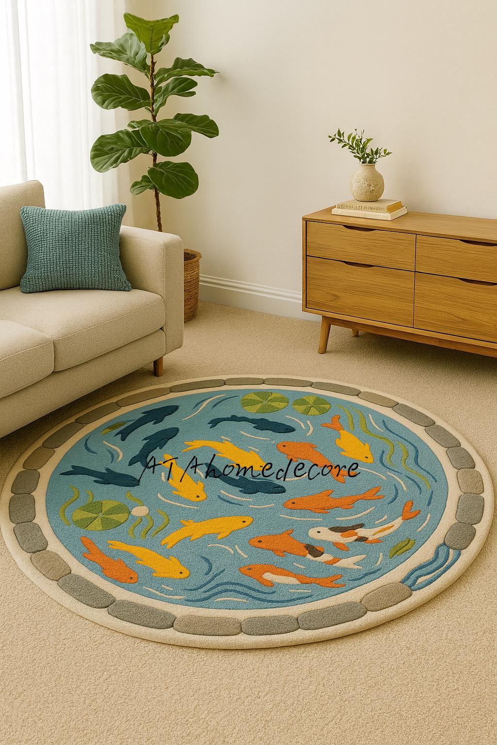 Round Tufted Koi Fish Pond Rug , Kids Room & Living Room Area Rug ...