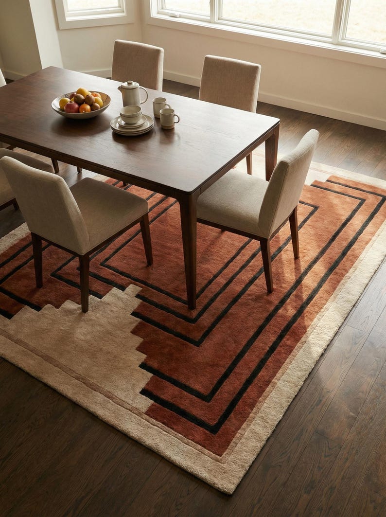 May include: A dining room scene featuring a dark wood table with four beige chairs. A patterned rug in shades of brown and beige with black accents is beneath the table. A bowl of fruit and a tea set are on the table.
