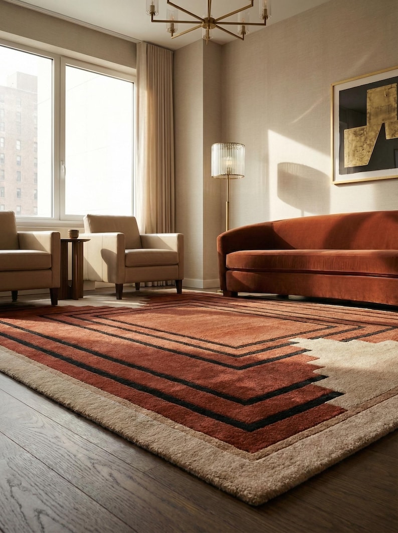 May include: A modern living room featuring a large, rectangular rug with a geometric design in shades of rust, black, and beige. The room includes a rust-colored sofa, two armchairs, and a floor lamp, creating a warm and inviting atmosphere.