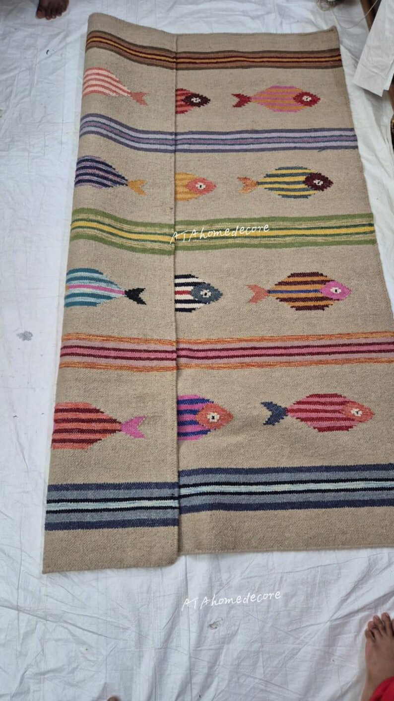 Kilim Fish Rug Handwoven Fish Stripe Rug –living Room Decor, Colorful Kilim Carpet ...