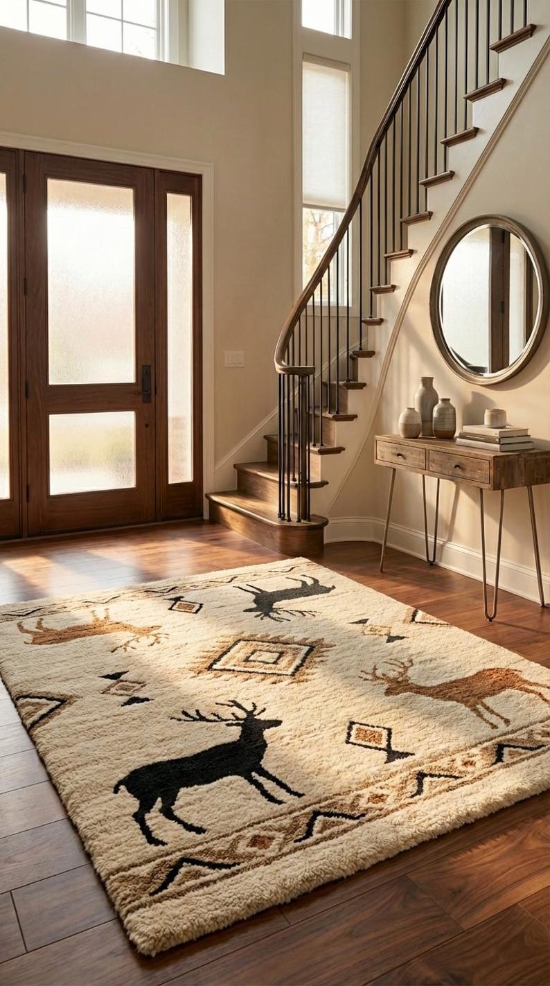 Hand Tufted Deer Area Rug, Rustic Cabin Lodge Wool Rug, Neutral ...