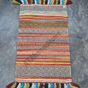 Handwoven Cotton Kilim Rug: Bohemian Southwestern Striped Rug with Tassels, home decor, hand made Durrie rug