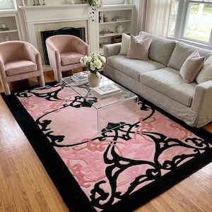 Luxury Pink Black Hand Tufted Rug, Modern Gothic Area Rug, Handmade Wool Carpet, Barbiecore Living Room rug , Artistic Floral Rug,