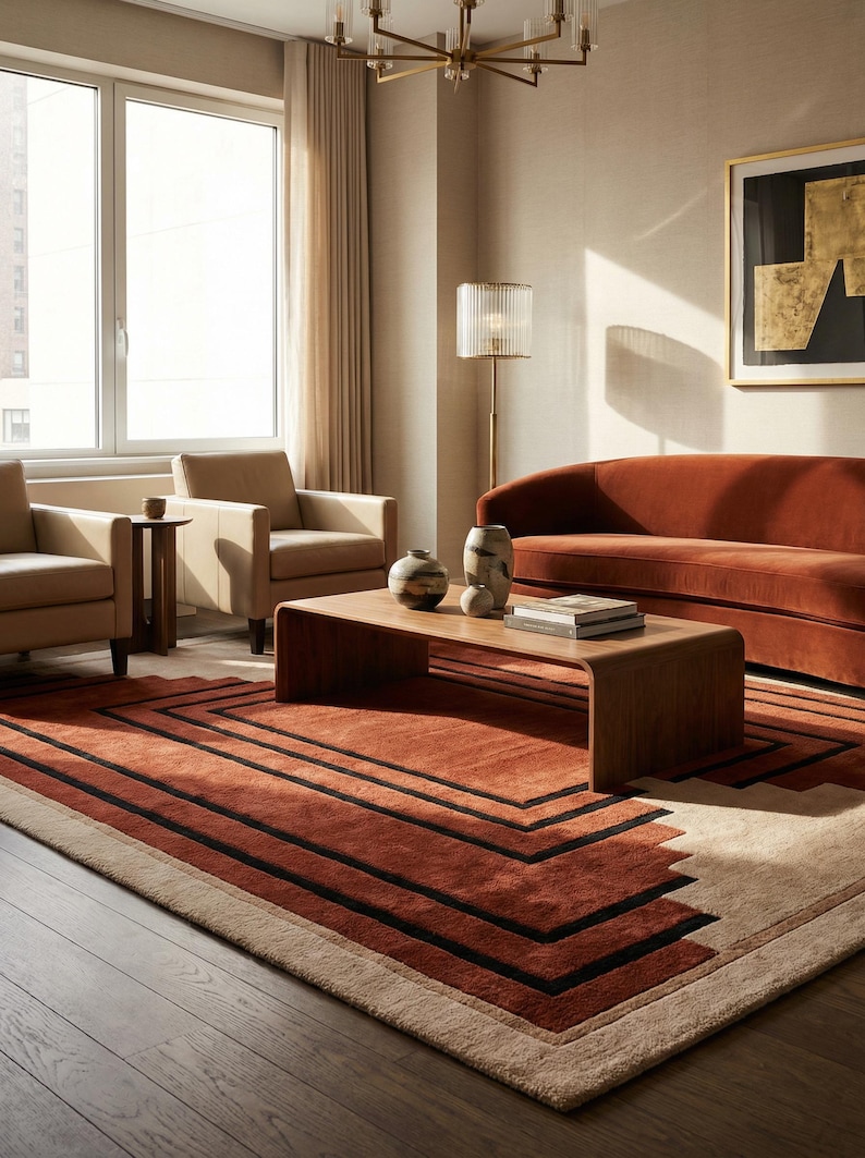 May include: A modern living room with a rust-colored rug featuring a geometric design. The room includes a rust-colored sofa, two beige armchairs, a wooden coffee table, and decorative vases. A gold chandelier and a floor lamp provide lighting.
