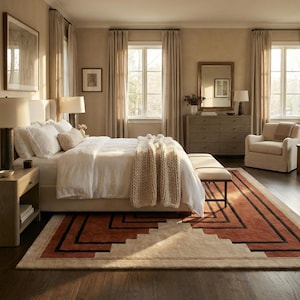 May include: A bedroom with a neutral color palette, featuring a bed with white linens and a beige throw blanket. A geometric patterned rug in shades of beige, rust, and black sits on a dark wood floor. The room includes a dresser, a chair, and two windows.