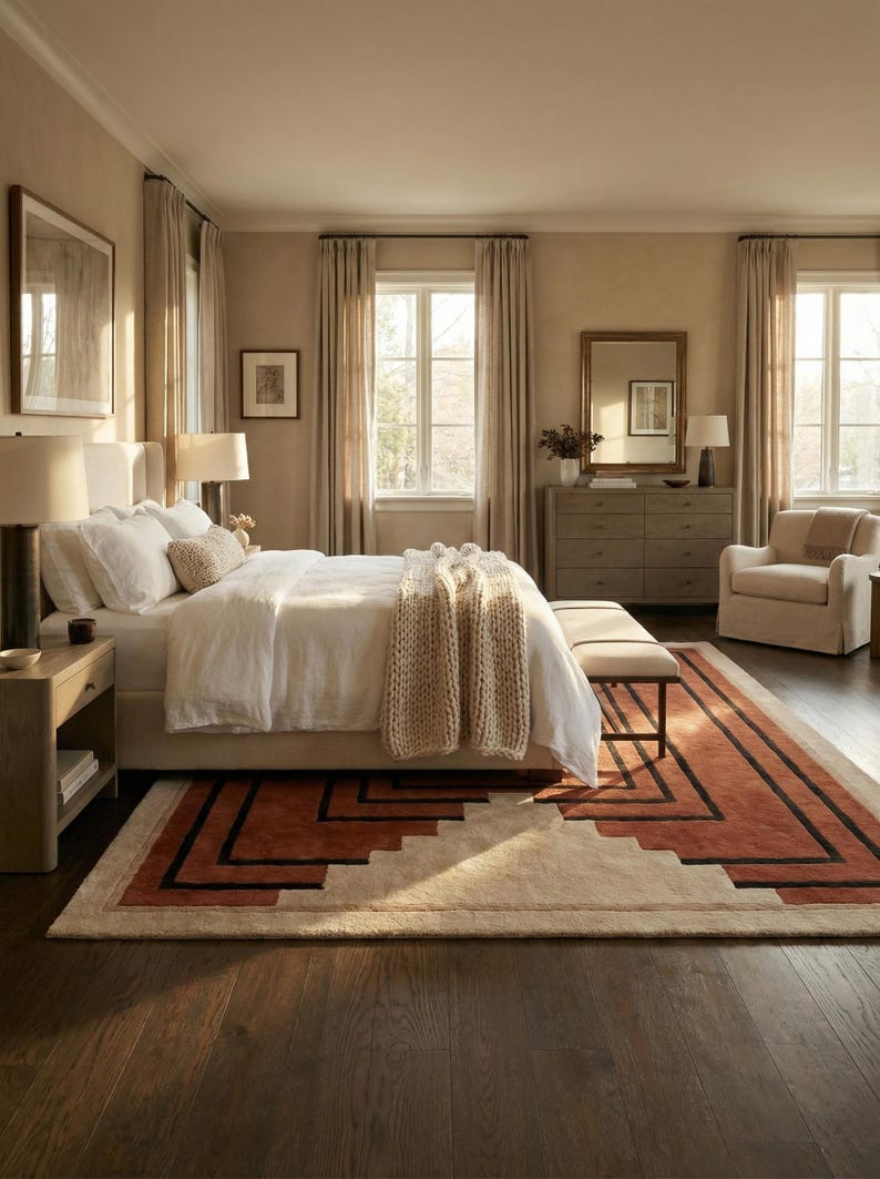 May include: A bedroom with a neutral color palette, featuring a bed with white linens and a beige throw blanket. A geometric patterned rug in shades of beige, rust, and black sits on a dark wood floor. The room includes a dresser, a chair, and two windows.
