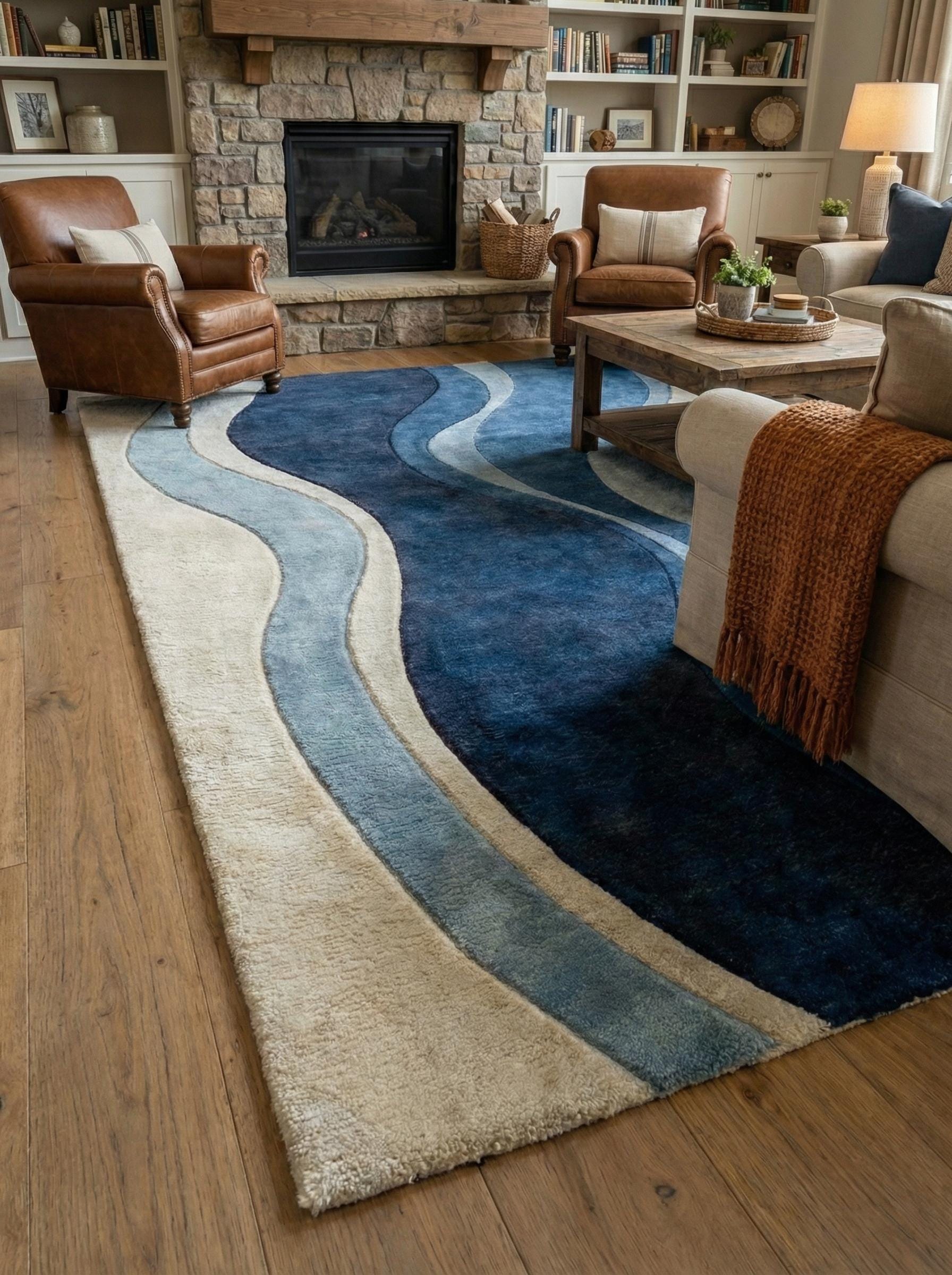 Hand Tufted Blue Abstract Wave Rug – Modern Scandinavian Area Rug ...