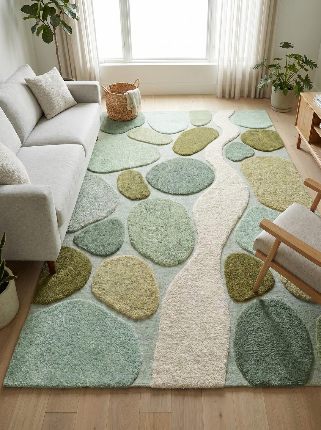 Hand Tufted Wool Pebble Rug Green Abstract Scandinavian Area Rug Modern ...