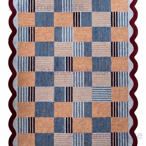 Hand Tufted Patchwork Rug, Scalloped Border Geometric Area Rug, Blue Peach Burgundy Checker Rug