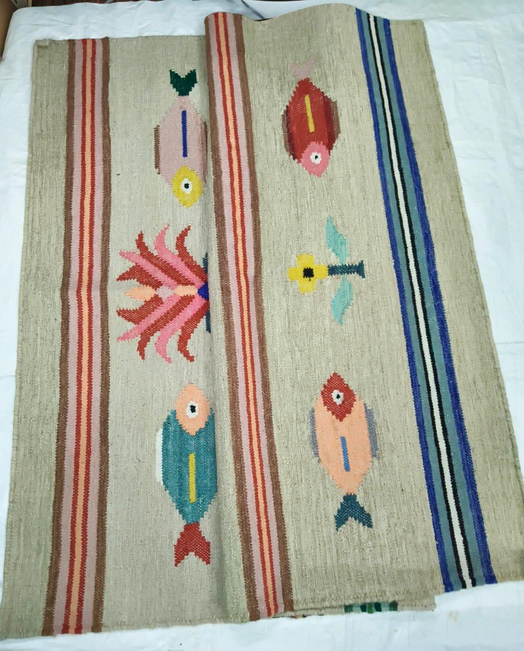 Kilim Fish Rug Colorful Folk Art Tapestry With Fish, Birds, and Floral Motifs , Durrie ...