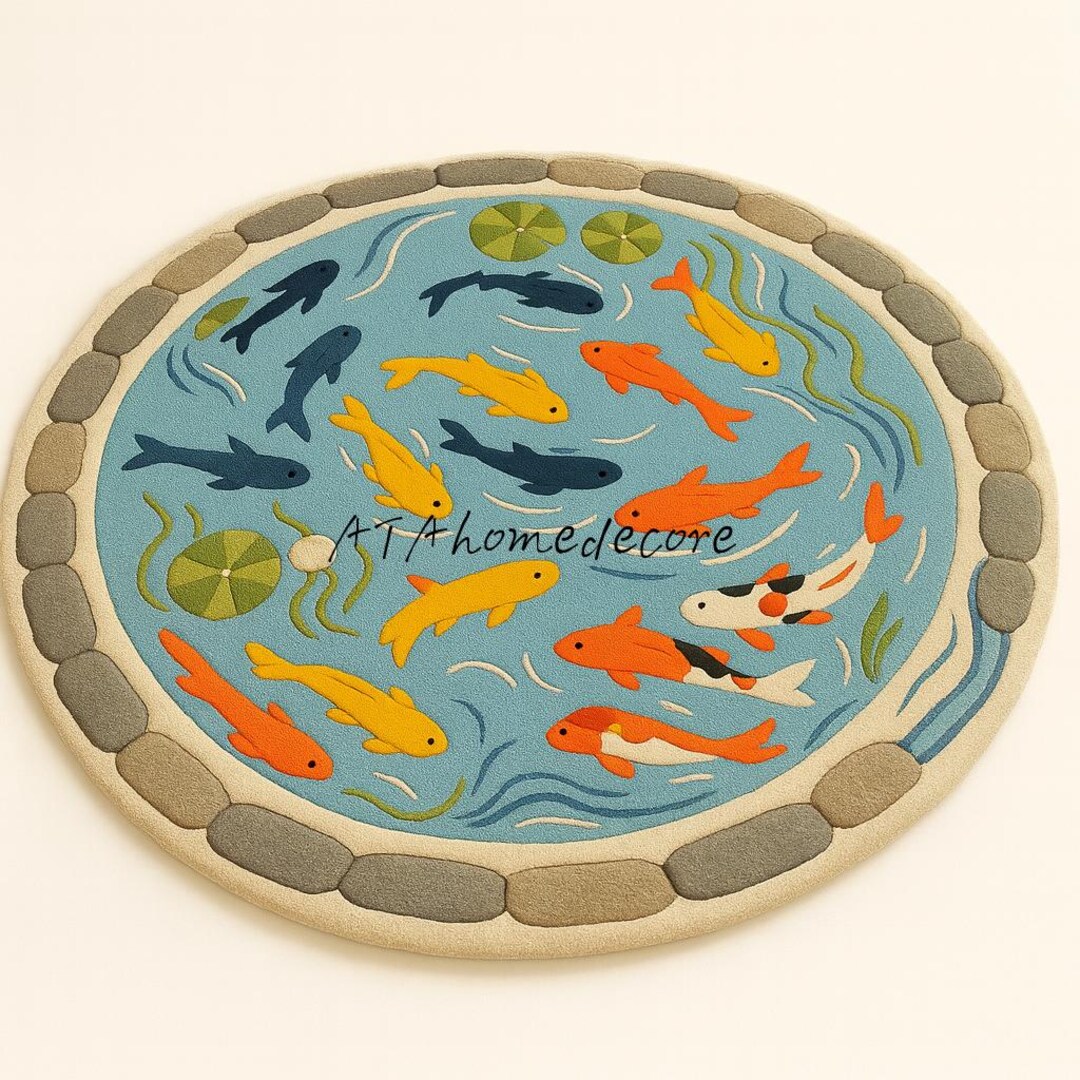 Round Tufted Koi Fish Pond Rug , Kids Room & Living Room Area Rug ...
