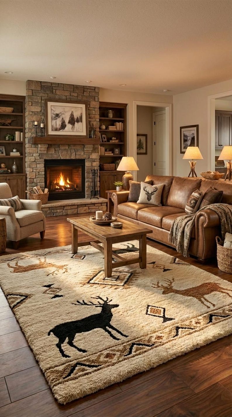 Hand Tufted Deer Area Rug, Rustic Cabin Lodge Wool Rug, Neutral ...