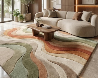 Hand Tufted Abstract Rug, Mid Century Modern Wave Rug, Earth Tone Living Room Rug, Organic Modern Area Rug, Sage Green Rust Cream Carpet