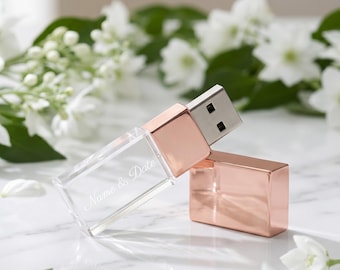 Personalized Crystal Usb Flash Drive, Engraved Wedding Usb Drive, Acrylic Usb with Rose Gold, Custom Photo Usb Gift