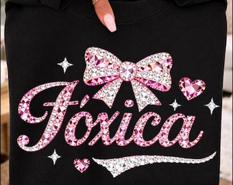 Toxica Rhinestone Bow PNG, Pink Gem Script Design, Latina Sassy Graphic, Bling Bow Shirt Design, Trendy Y2K Glitter Style PNG Download