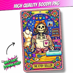 Op de afbeelding: Kleurrijke illustratie van een skeletkunstenaar met een naaimachine, Cricut-machine en een mannequin. De afbeelding bevat de tekst "HIGH QUALITY 300DPI PNG", "INSTANT DOWNLOAD" en "THE ETSY SELLER". De kunstenaar houdt een mok met een hart vast.