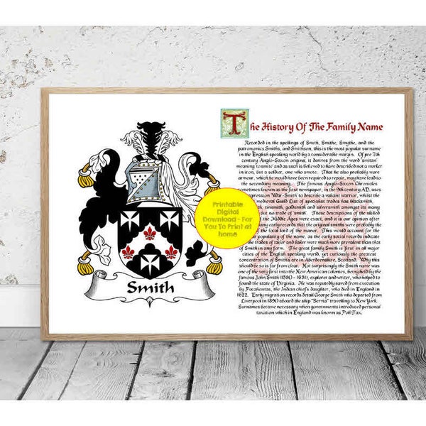JPEG, DIY Print, Downloadable, Print at home, Surname Meaning Origin History Coat of Arms, Personalised