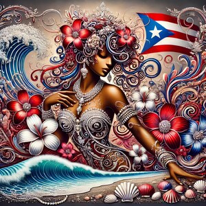 May include: An artistic illustration of a woman adorned with jewelry and flowers, set against a backdrop of ocean waves and the Puerto Rican flag. The artwork features a vibrant color palette of red, white, and blue, with intricate details and a beach scene.
