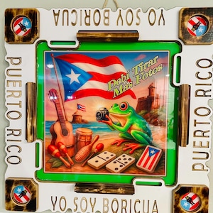 Handmade Puerto Rican Domino Table: Coquí Frog, Flag & Phone Holder